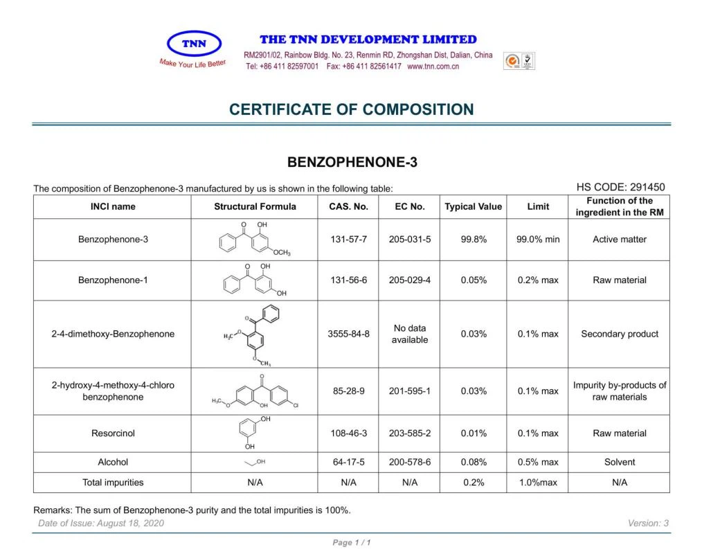 CERTIFICATE OF COMPOSITION-Benzophenone-3(Oxybenzone USP)